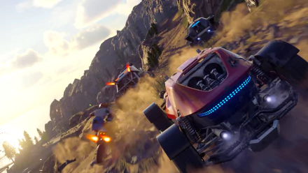 HD desktop wallpaper featuring a dynamic Onrush game scene with vehicles racing and jumping in a rugged outdoor setting.