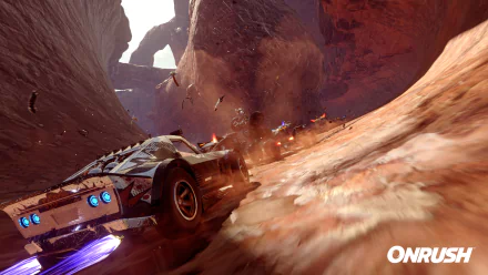 HD desktop wallpaper featuring a high-speed race car from Onrush game, navigating a rugged canyon terrain.