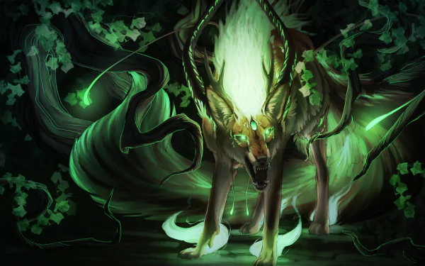 HD desktop wallpaper featuring a fantasy creature with glowing green eyes and mystical horns, set against a dark, enchanted forest background.
