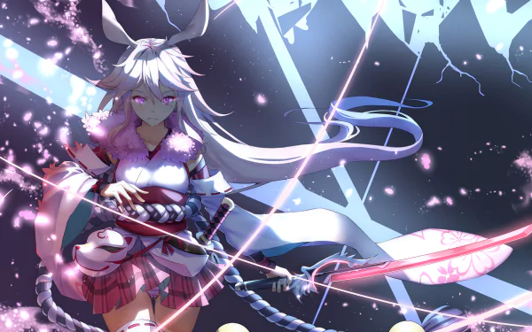 HD desktop wallpaper featuring Yae Sakura from Benghuai Xueyuan, standing in a dynamic pose with glowing weapons and a mystical background. Anime, Benghuai Xueyuan themed art.