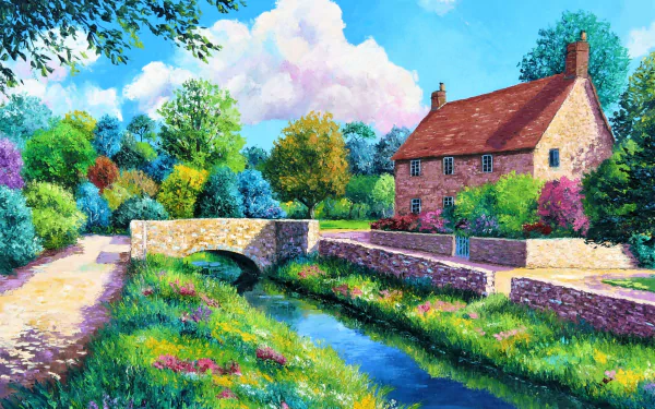Impressionist painting of a colorful countryside field with a stone house, vibrant trees, and a small stone bridge over a flowing stream, rendered as an HD desktop wallpaper.