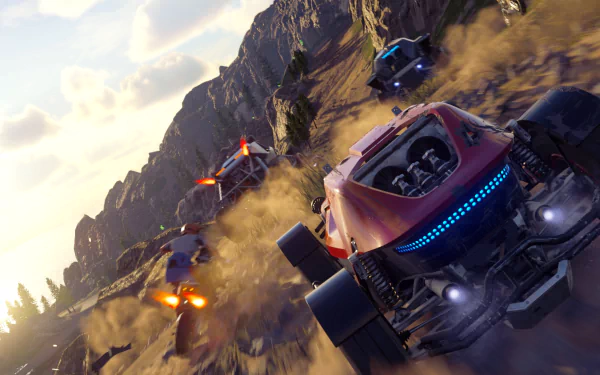 HD desktop wallpaper featuring a dynamic Onrush game scene with vehicles racing and jumping in a rugged outdoor setting.