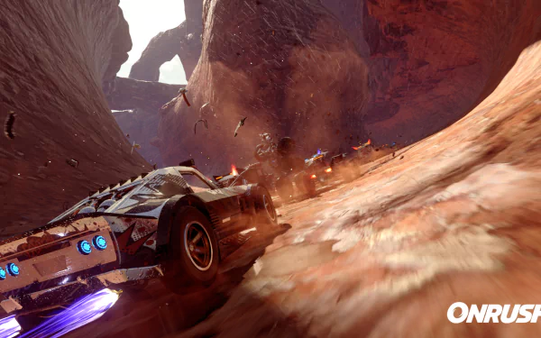 HD desktop wallpaper featuring a high-speed race car from Onrush game, navigating a rugged canyon terrain.