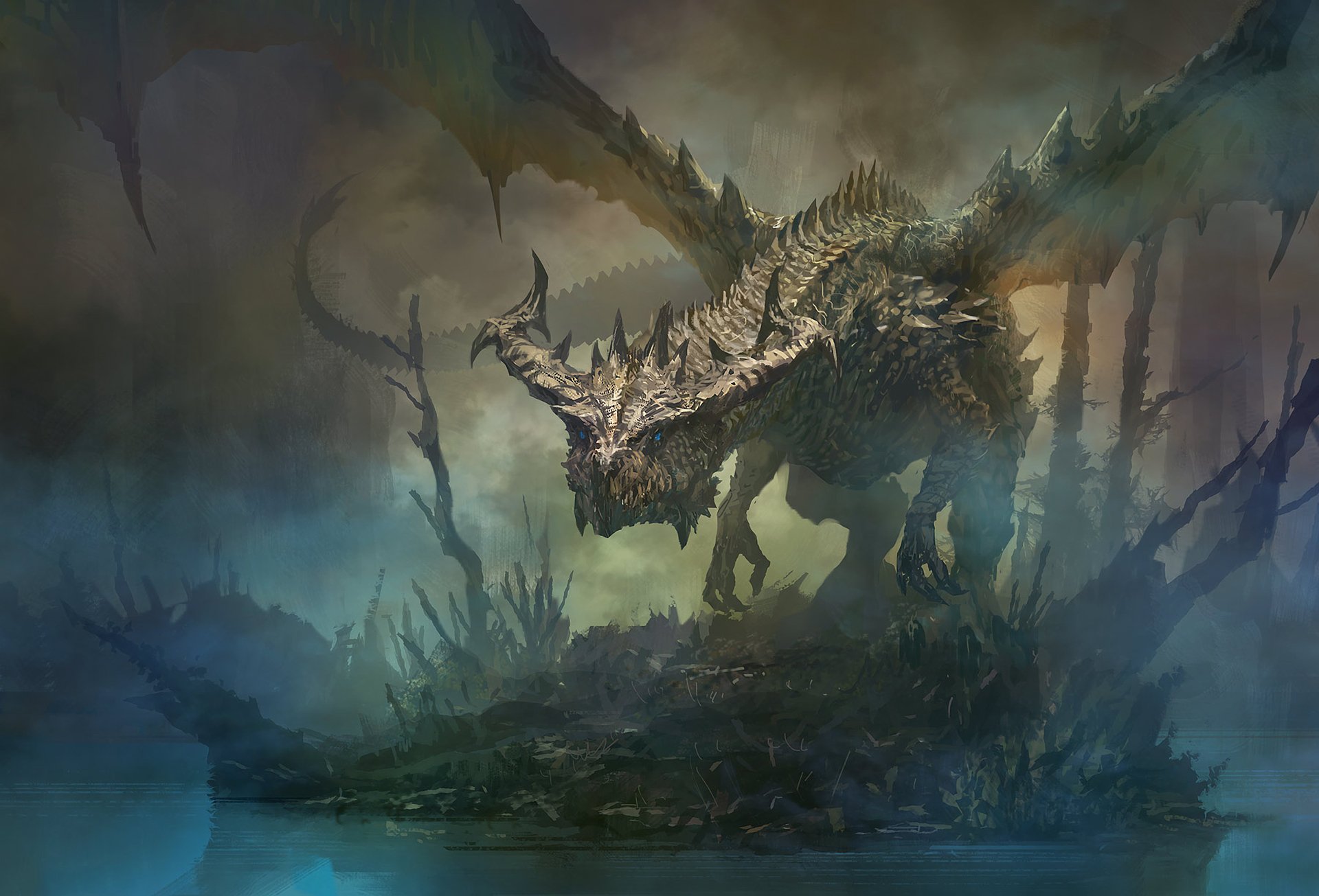HD wallpaper featuring a menacing, winged dragon standing on a misty, dark landscape filled with jagged structures. The fantasy setting exudes a sense of mysticism and danger.