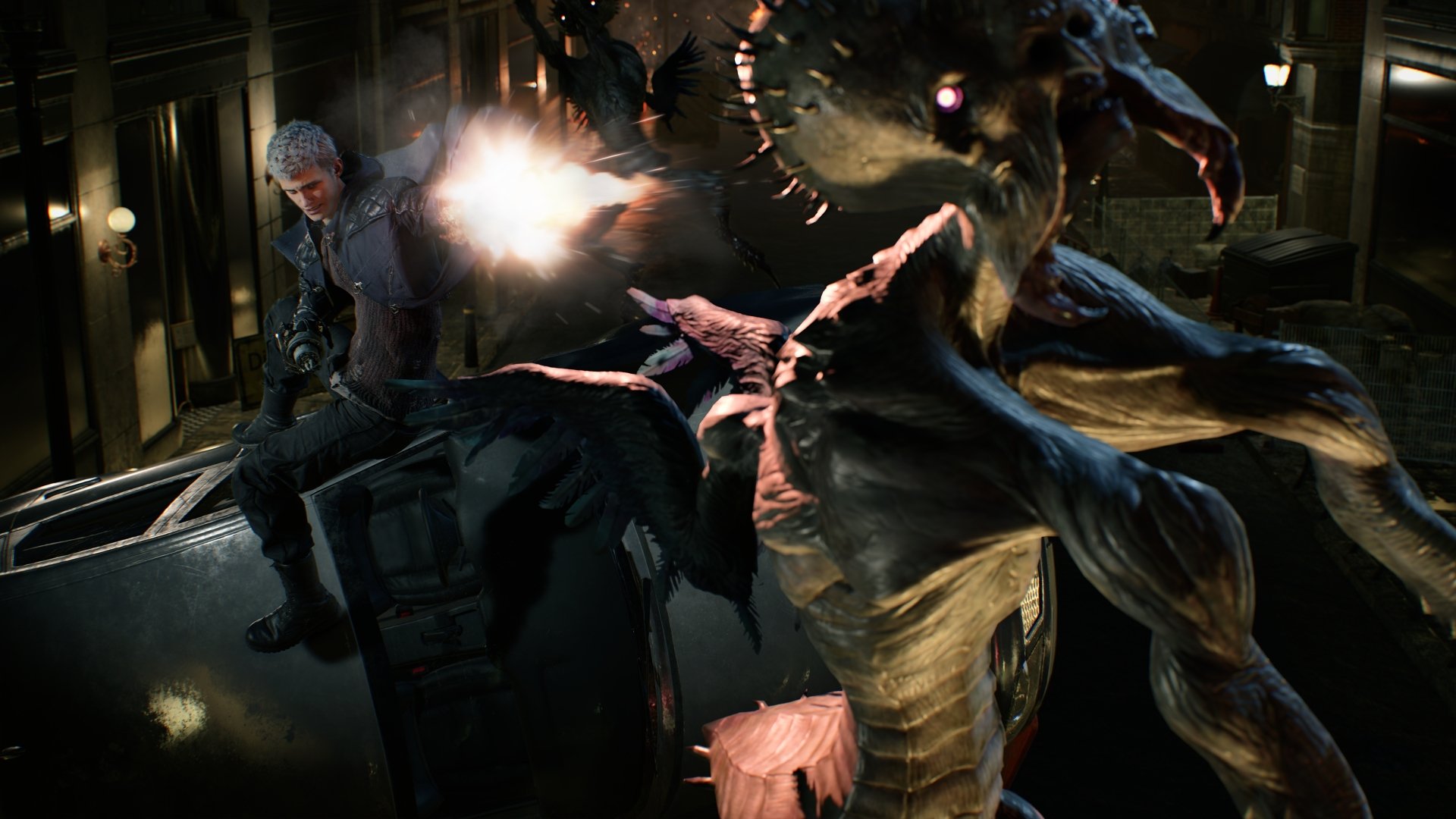 Nero from Devil May Cry 5 fires a gun at a monstrous demon in this intense 4K Ultra HD PC desktop wallpaper from the video game Devil May Cry series.