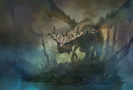 HD wallpaper featuring a menacing, winged dragon standing on a misty, dark landscape filled with jagged structures. The fantasy setting exudes a sense of mysticism and danger.