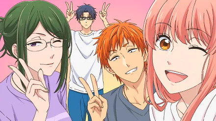HD desktop wallpaper featuring characters Narumi Momose, Tarou Kabakura, Hirotaka Nifuji, and Hanako Koyanagi from the anime Wotaku ni Koi wa Muzukashii, all posing with peace signs against a pink background.