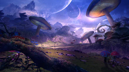 HD PC desktop wallpaper showing a surreal sci-fi landscape with giant glowing mushrooms under a starry sky and two large moons, blending nature with fantasy elements.