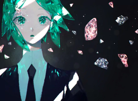 Phosphophyllite (Land of the Lustrous) anime: emerald-haired gem character with luminous eyes and floating pink and clear crystal shards on a dark HD PC desktop wallpaper.