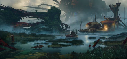 4K Ultra HD PC desktop wallpaper featuring a dark, atmospheric swamp scene from the video game Rage 2, with futuristic ruins and a small boat on misty waters.