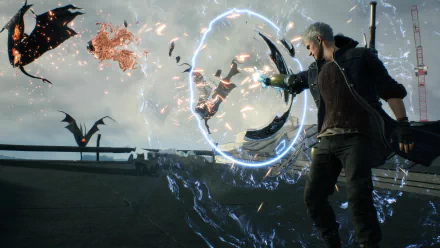Nero from Devil May Cry 5 unleashes a powerful energy attack in this 4K Ultra HD PC desktop wallpaper, showcasing dynamic action from the video game.