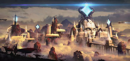 HD PC desktop wallpaper and background: sprawling fantasy city with towering temples, floating platforms and a giant stone visage rising above clouds beneath a glowing crystal sky.