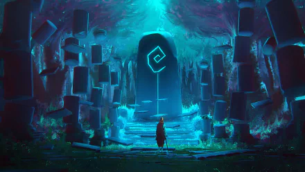 A fantasy landscape featuring a glowing, rune-etched doorway surrounded by floating stone pillars, bathed in ethereal blue light, rendered in HD for a PC desktop wallpaper.