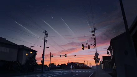 A high-definition Anime wallpaper featuring a tranquil street under a starry sky with a shooting star, set against a picturesque sunset.