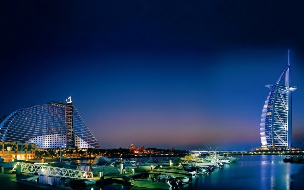 Man Made Burj Al Arab Buildings Dubai United Arab Emirates Harbor City Night Boat Building HD Wallpaper | Background Image