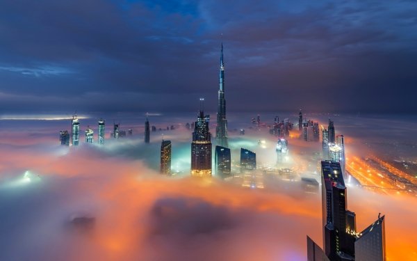 Man Made Dubai Cities United Arab Emirates Night City Fog Cityscape Building Skyscraper HD Wallpaper | Background Image