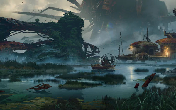 4K Ultra HD PC desktop wallpaper featuring a dark, atmospheric swamp scene from the video game Rage 2, with futuristic ruins and a small boat on misty waters.