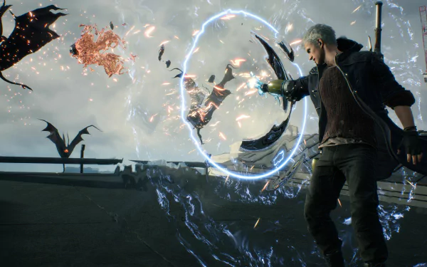 Nero from Devil May Cry 5 unleashes a powerful energy attack in this 4K Ultra HD PC desktop wallpaper, showcasing dynamic action from the video game.