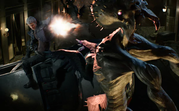 Nero from Devil May Cry 5 fires a gun at a monstrous demon in this intense 4K Ultra HD PC desktop wallpaper from the video game Devil May Cry series.