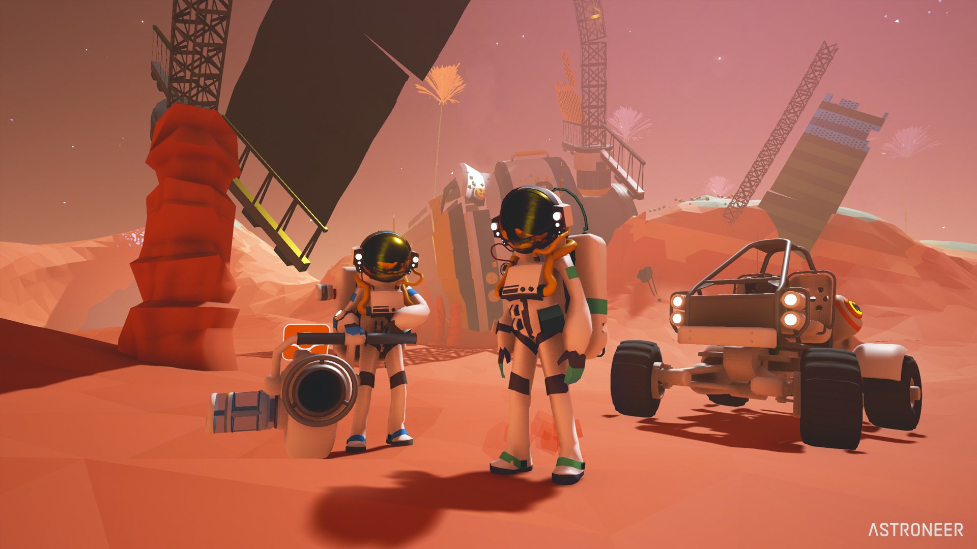 HD desktop wallpaper of ASTRONEER featuring two astronauts on a Mars-like planet with a vehicle and base structures.