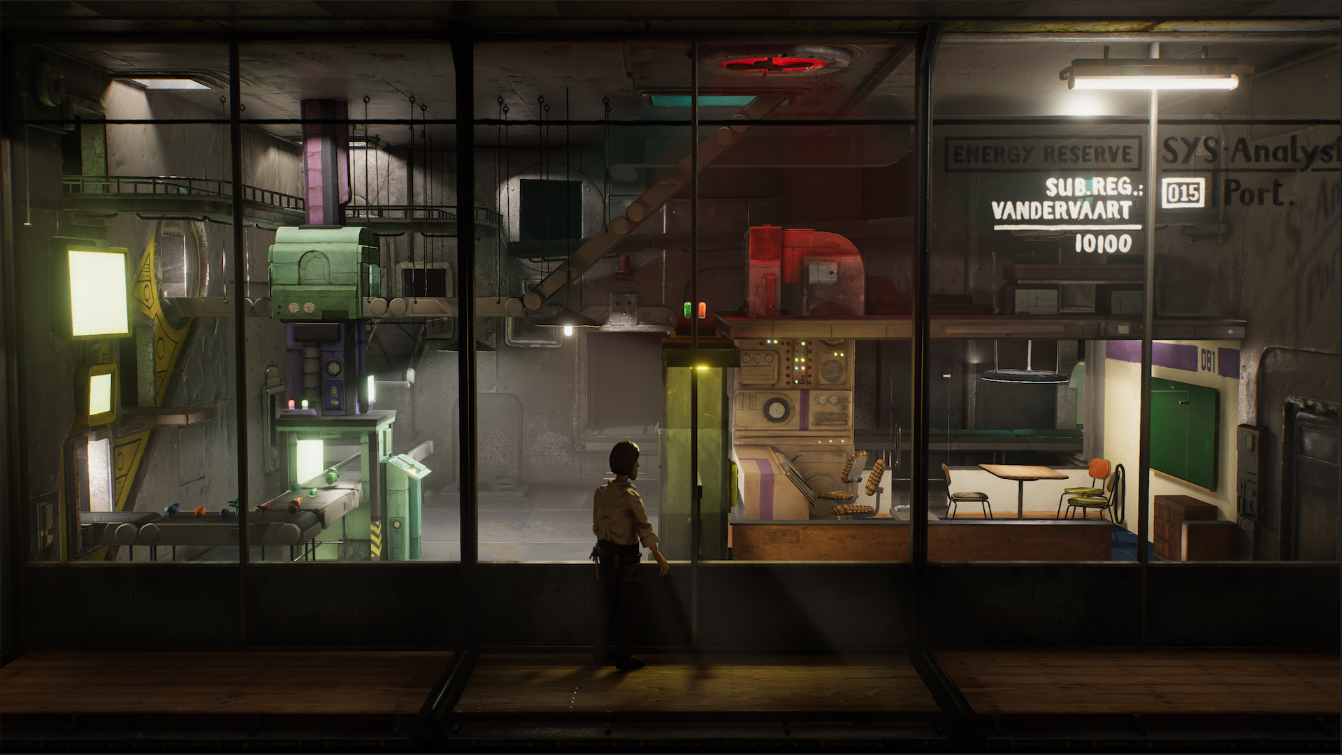 HD desktop wallpaper of a scene from Harold Halibut with a character inside a detailed, moody underwater facility.