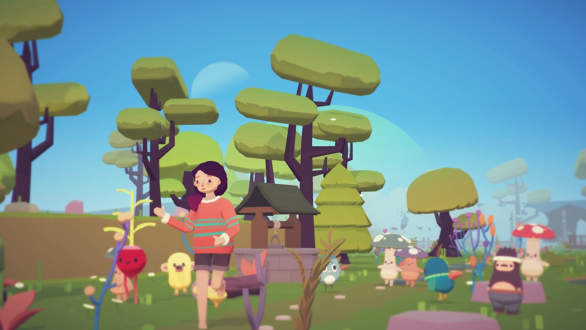 HD desktop wallpaper featuring a character and whimsical creatures from the game Ooblets in a vibrant, cartoonish landscape.