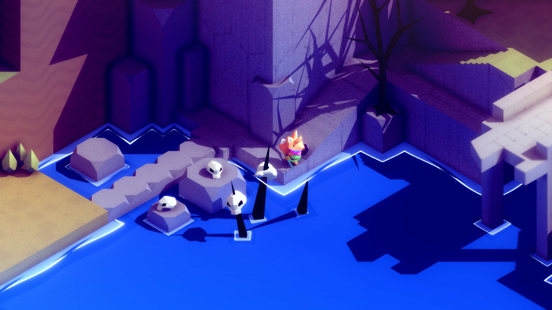 HD desktop wallpaper showcasing the game Tunic, featuring a character on stepping stones by a vivid blue river in a stylized landscape.