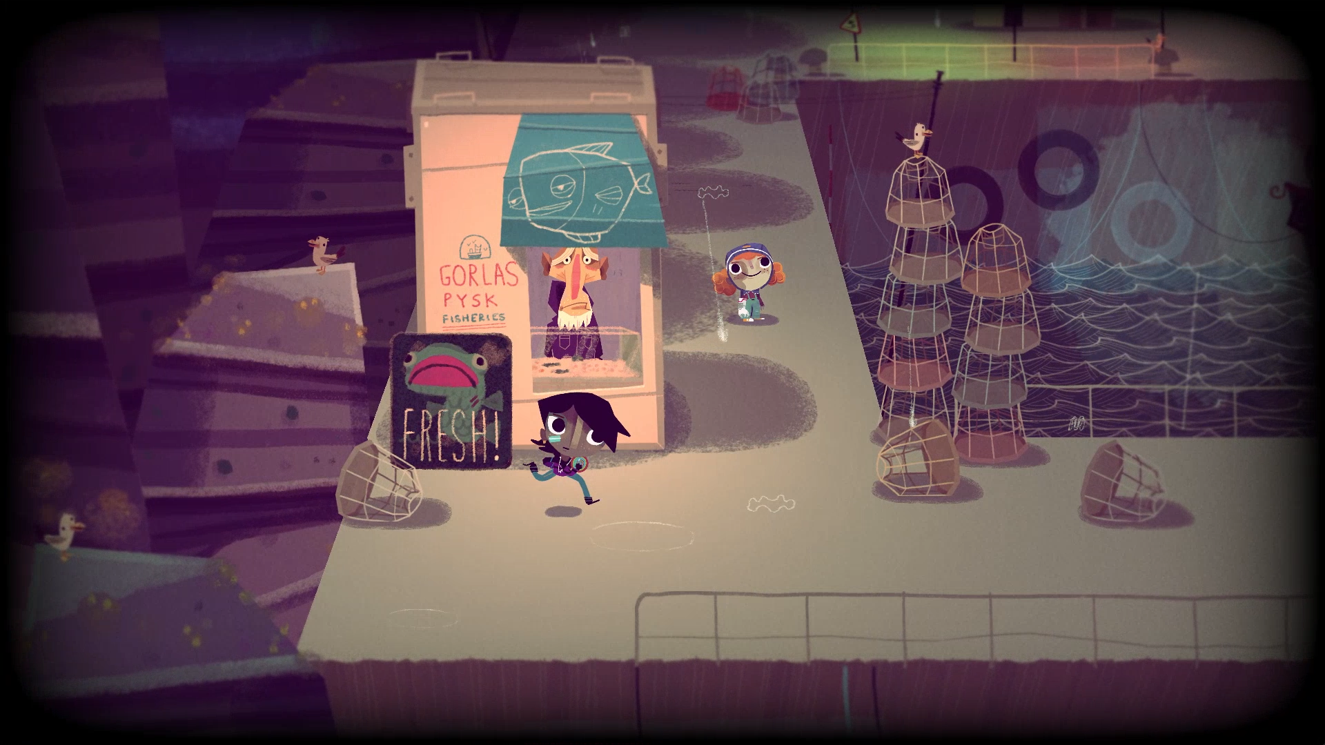HD desktop wallpaper and background featuring a scene from the game Knights and Bikes with two characters near a fish shop.