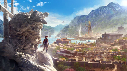 HD wallpaper of Assassin's Creed Odyssey featuring a character standing on a statue overlooking a scenic landscape with ancient architecture and mountains in the background.