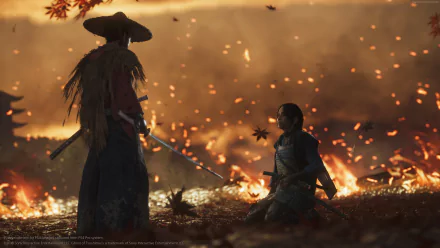 Jin Sakai from the video game Ghost of Tsushima confronts a kneeling samurai amid a burning field — 4K Ultra HD PC desktop wallpaper background.
