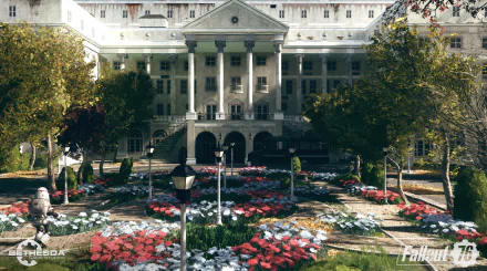 HD PC desktop wallpaper featuring a detailed courtyard scene from the video game Fallout 76 with vibrant flowers and a grand building in the background.