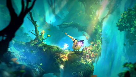 A vibrant HD wallpaper from the video game Ori and the Will of the Wisps, showcasing a mystical forest with lush greenery and enchanting characters amidst glowing flora.