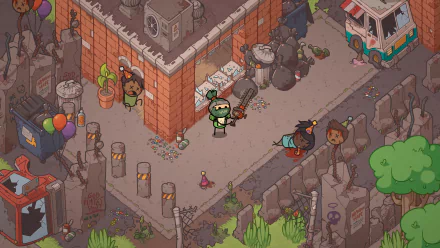 An HD desktop wallpaper from Rapture Rejects featuring detailed isometric artwork of quirky characters in an urban setting.