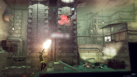 HD desktop wallpaper from My Friend Pedro showing an action-packed scene with dynamic gunplay in a grimy, industrial environment.