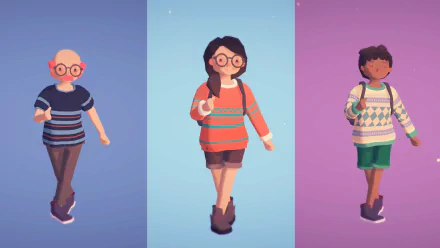 HD desktop wallpaper featuring three character designs from the game Ooblets, set against a gradient background.