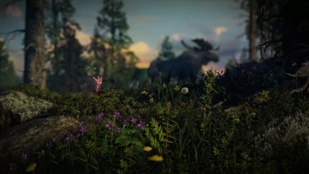 HD desktop wallpaper featuring a scene from Unravel Two with a lush forest background and a character amidst the foliage.