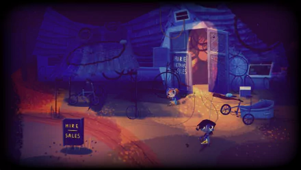HD desktop wallpaper from Knights and Bikes game featuring a character in a shadowy, whimsical bike hire scene.