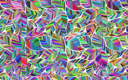 Colorful artistic HD PC desktop wallpaper of overlapping geometric leaves in vivid rainbow colors, creating a vibrant patterned background.