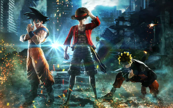 HD desktop wallpaper featuring Naruto Uzumaki, Monkey D. Luffy, and Goku from the video game Jump Force, set amidst a dramatic and action-packed background.