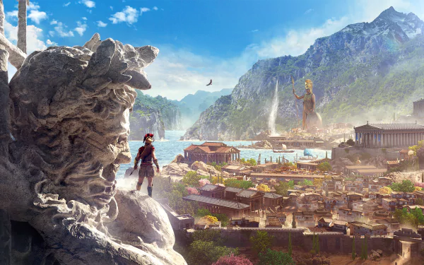 HD wallpaper of Assassin's Creed Odyssey featuring a character standing on a statue overlooking a scenic landscape with ancient architecture and mountains in the background.