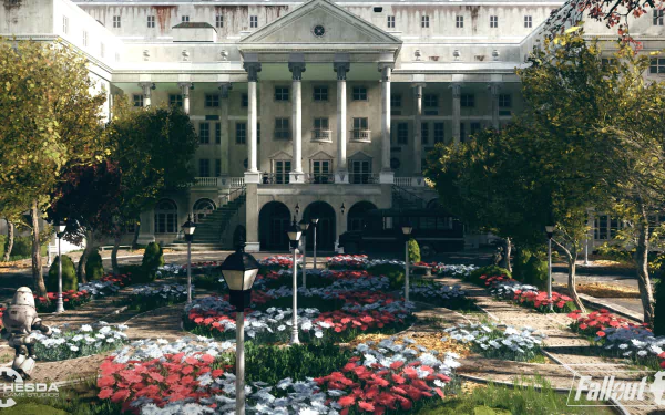 HD PC desktop wallpaper featuring a detailed courtyard scene from the video game Fallout 76 with vibrant flowers and a grand building in the background.