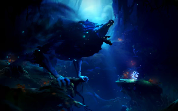 4K Ultra HD PC wallpaper from the video game Ori and the Will of the Wisps, featuring a glowing forest scene with a large wolf and a small, luminous character.