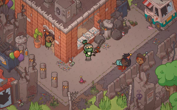 An HD desktop wallpaper from Rapture Rejects featuring detailed isometric artwork of quirky characters in an urban setting.