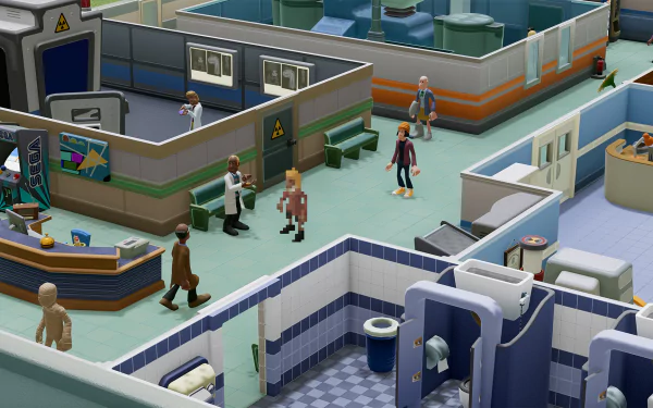 HD wallpaper featuring a bustling hospital scene from the game Two Point Hospital, with characters and medical rooms.