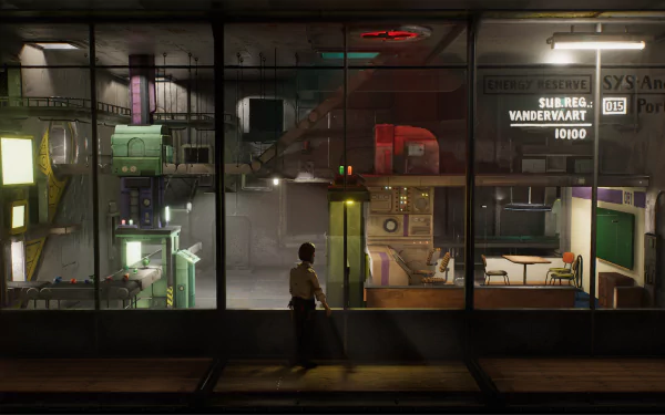 HD desktop wallpaper of a scene from Harold Halibut with a character inside a detailed, moody underwater facility.