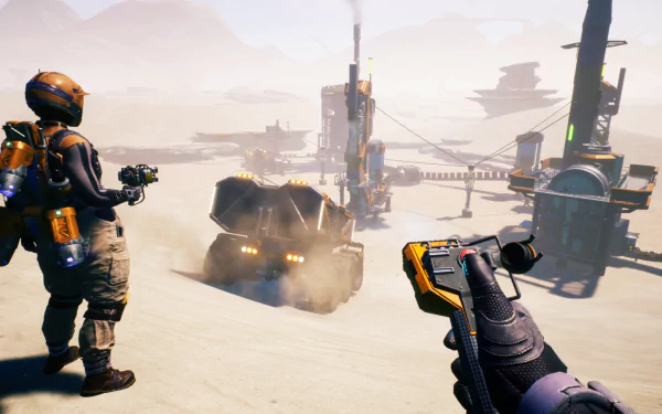 HD desktop wallpaper of the game Satisfactory showing a player watching over an industrial landscape with machinery and conveyor belts.