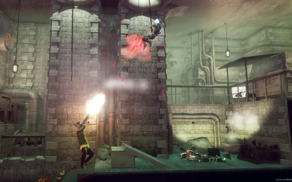 HD desktop wallpaper from My Friend Pedro showing an action-packed scene with dynamic gunplay in a grimy, industrial environment.