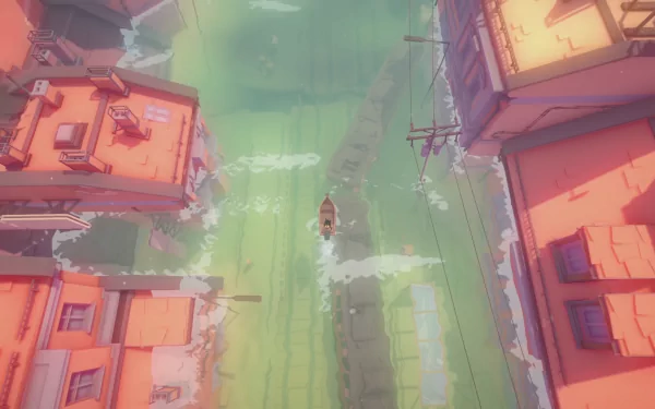 HD desktop wallpaper from Sea of Solitude featuring a character in a boat navigating between flooded city streets.