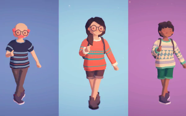 HD desktop wallpaper featuring three character designs from the game Ooblets, set against a gradient background.