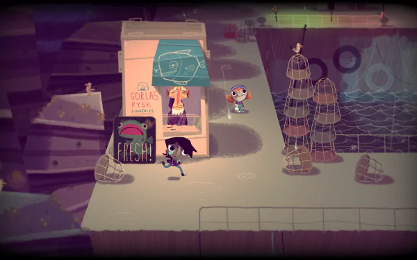 HD desktop wallpaper and background featuring a scene from the game Knights and Bikes with two characters near a fish shop.